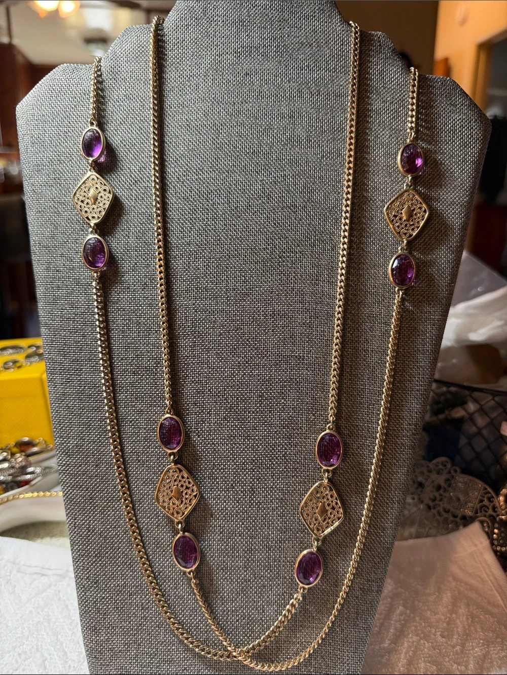 Sarah Coventry Gold-Tone Necklace with Purple Oval Rhinestones